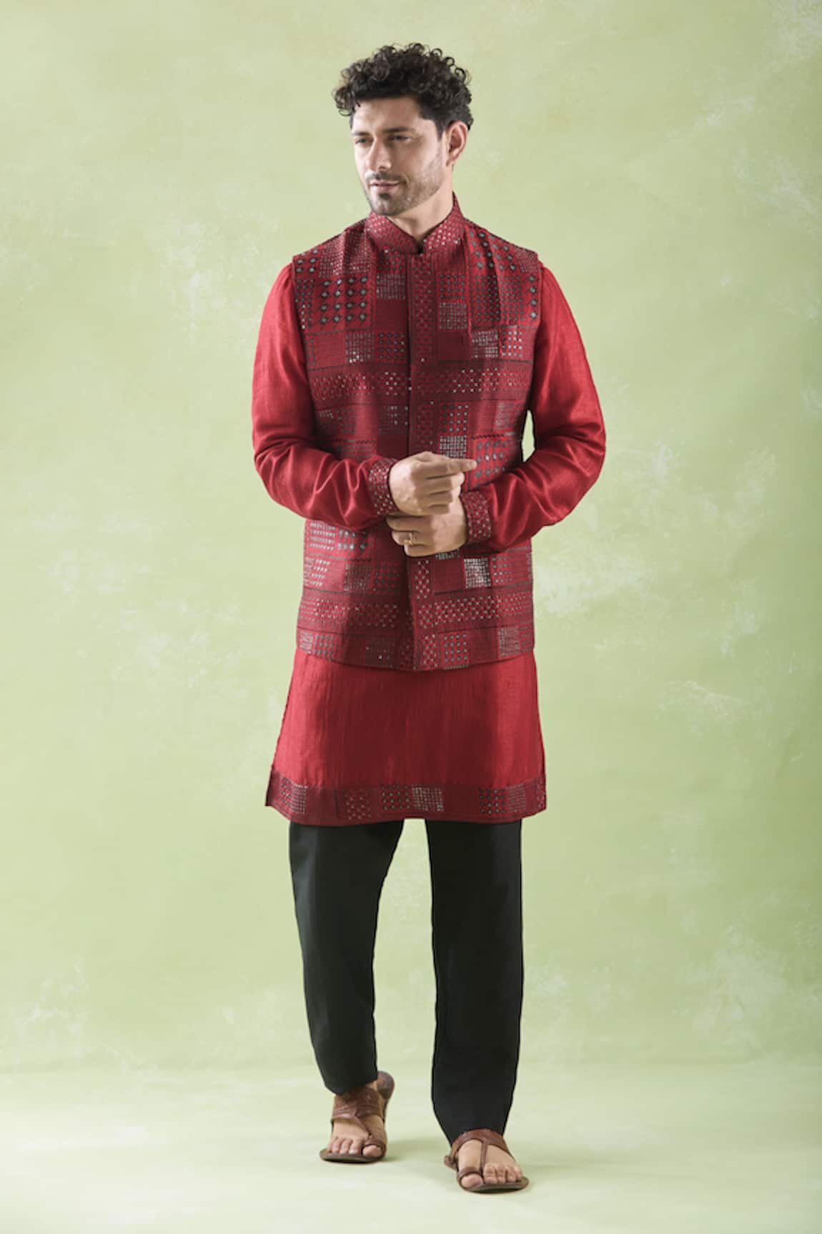 Arihant Rai Sinha Red Embroidered Bundi Kurta Set 