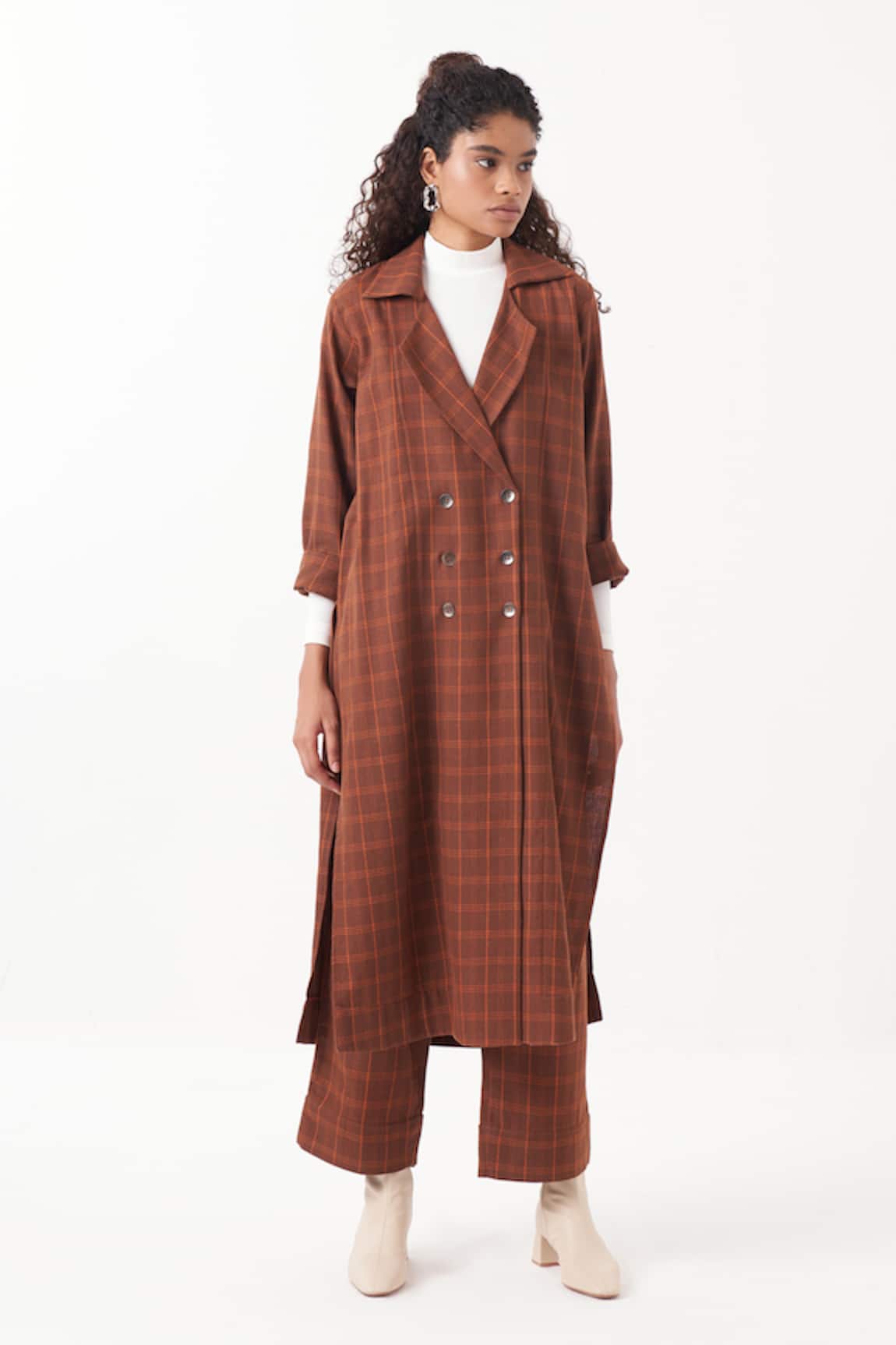 Three Checkered Overlapped Trench Jacket 