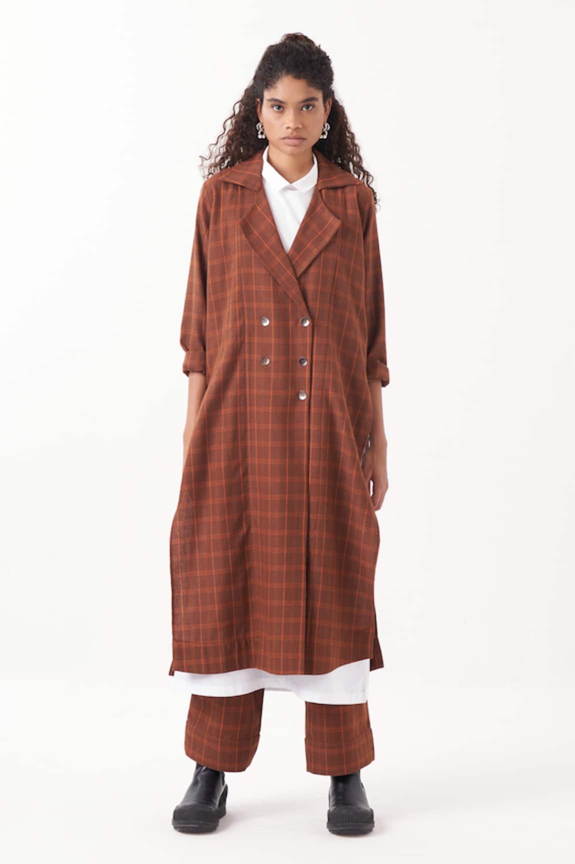 Three Chequered Kaftan Long Jacket & Pant Set 