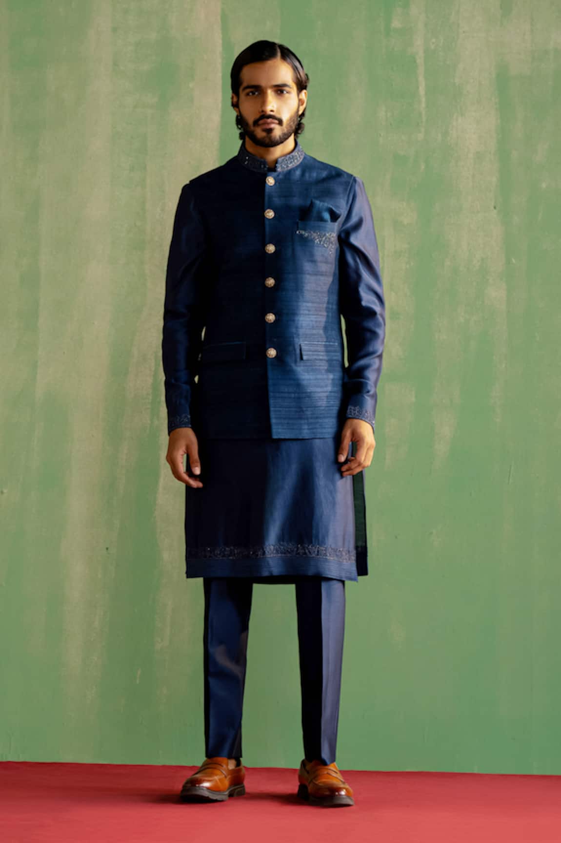 Studio Bagechaa Midnight Blue Embroidered Bundi & Kurta Set 