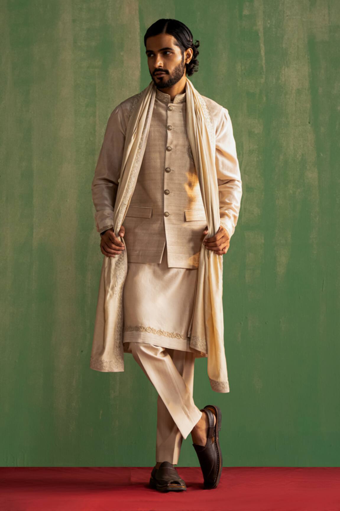 Studio Bagechaa Beige Embroidered Bundi & Kurta Set 