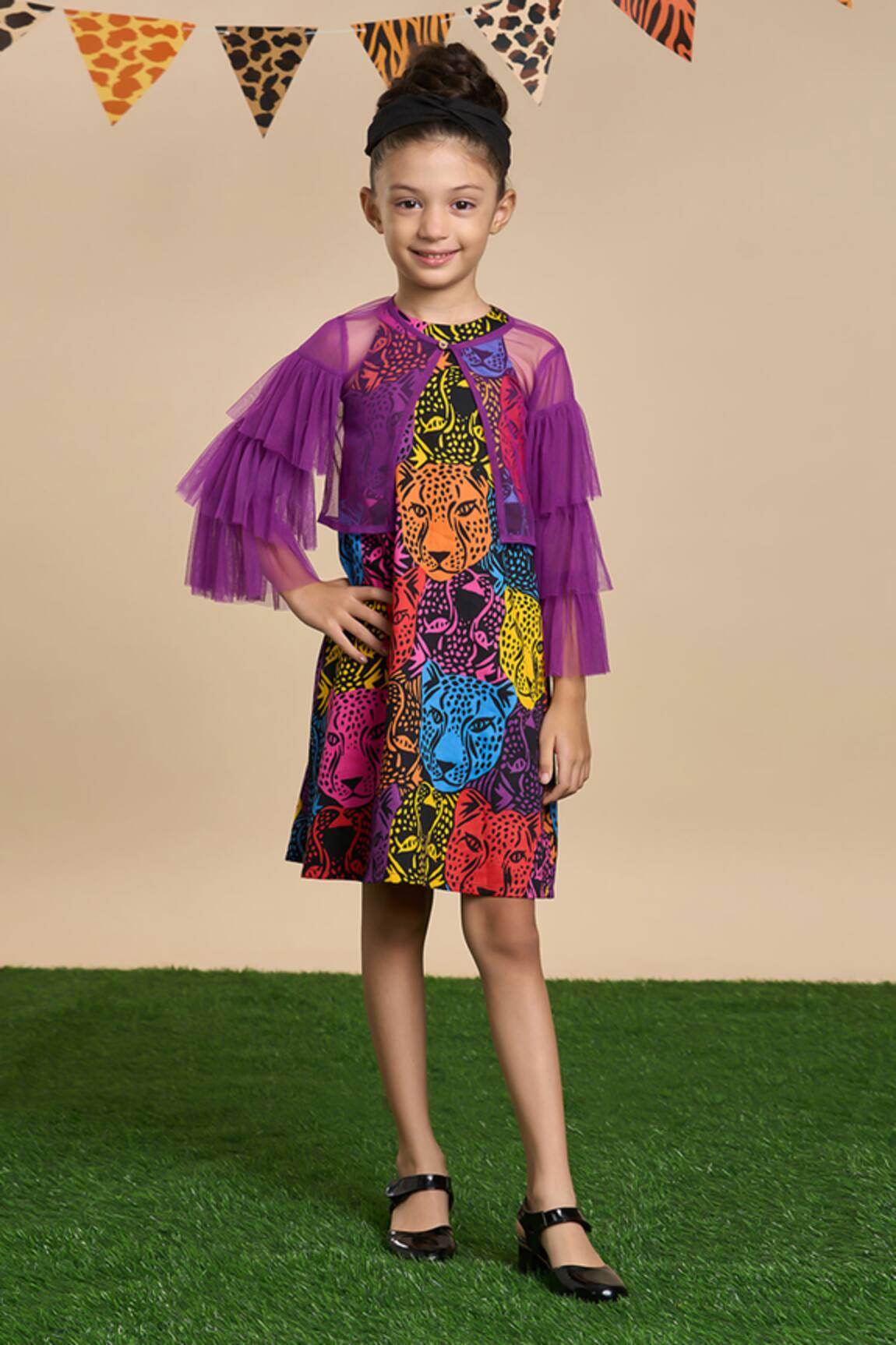 LIL DRAMA Leopard Gaze Print Dress With Ruffle Tiered Jacket 