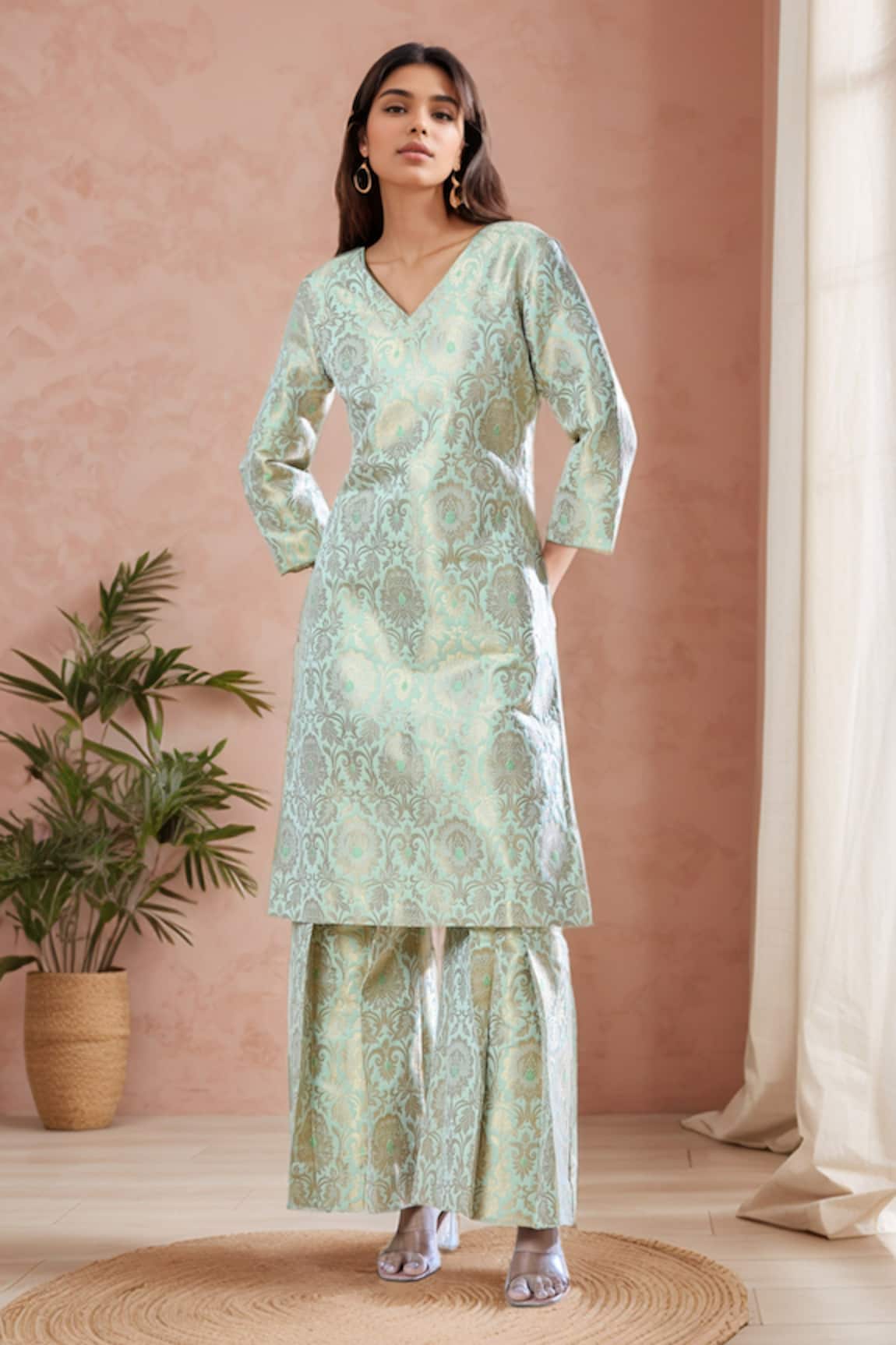 Samyukta Singhania Floral Brocade Straight Kurta With Pleated Pant 