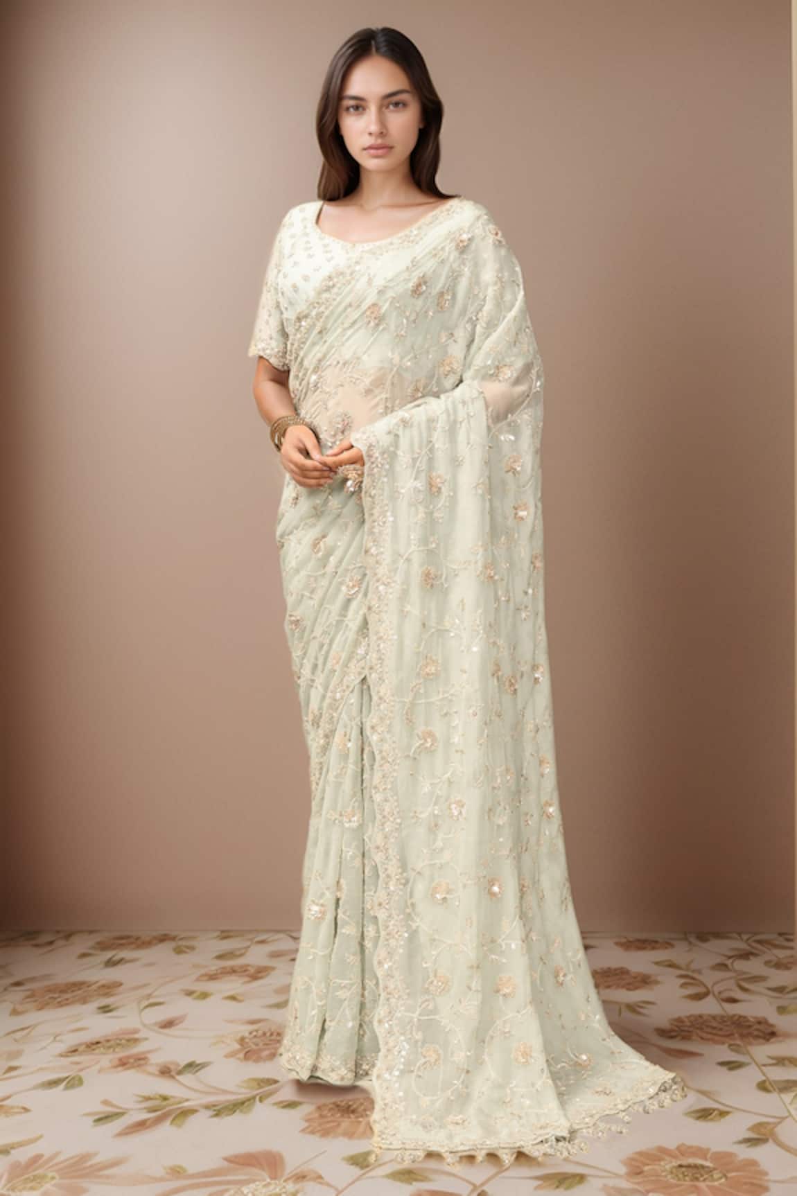 Kalighata Kareena Sequin Floral Embroidered Saree With Blouse