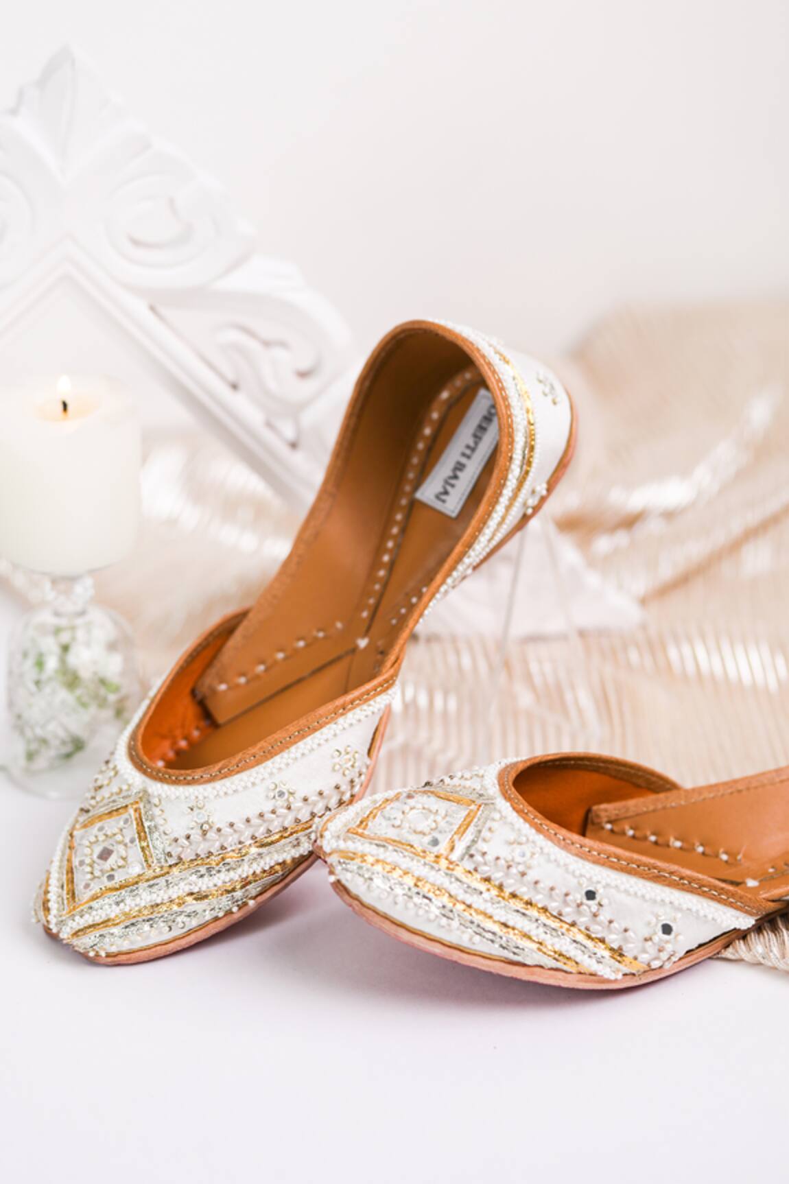 Label Deepti Bajaj Pearl & Mirror Bloom Embroidered Juttis 