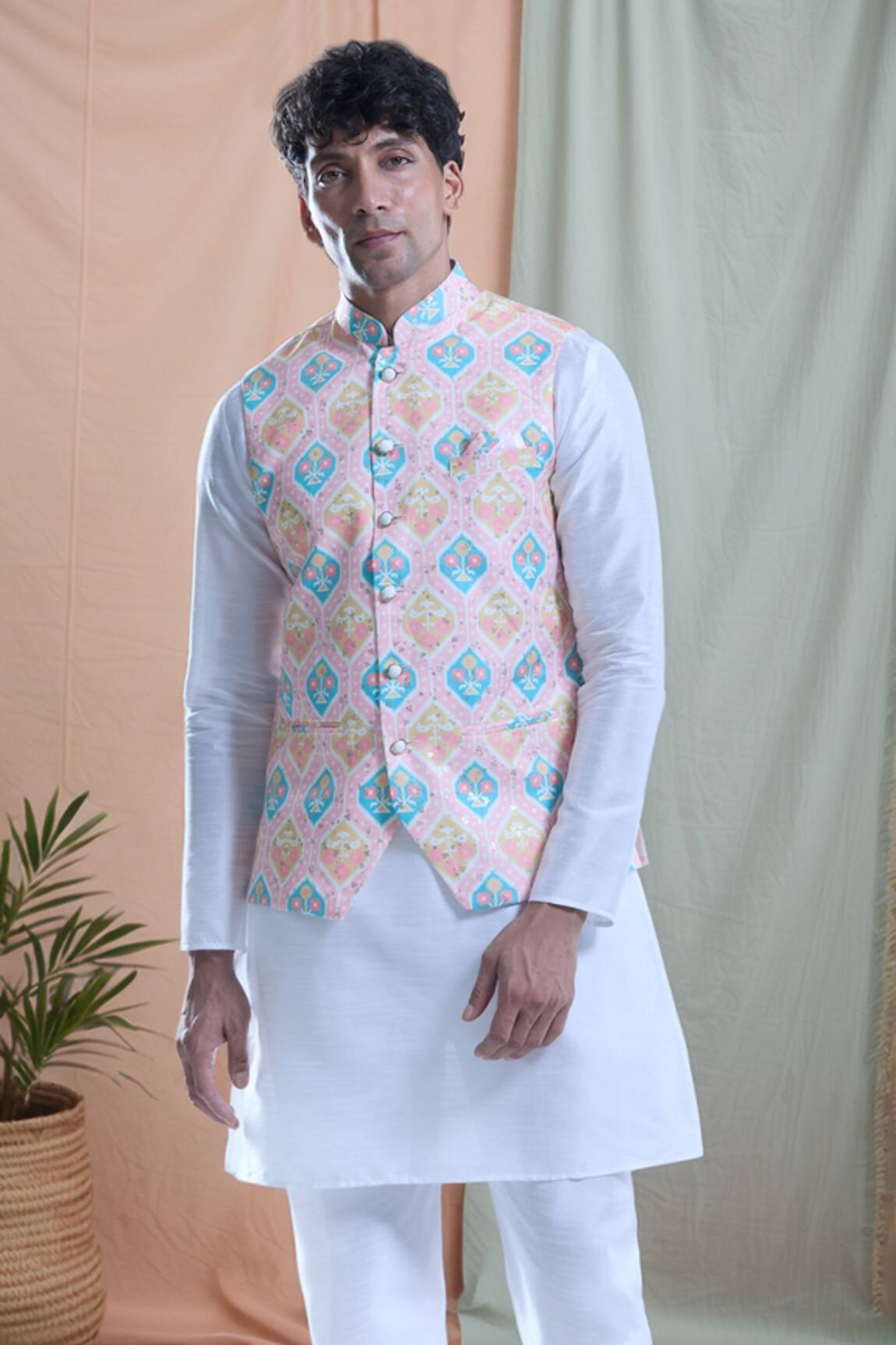 Arihant Rai Sinha Pink Hexagon Printed Nehru Jacket 