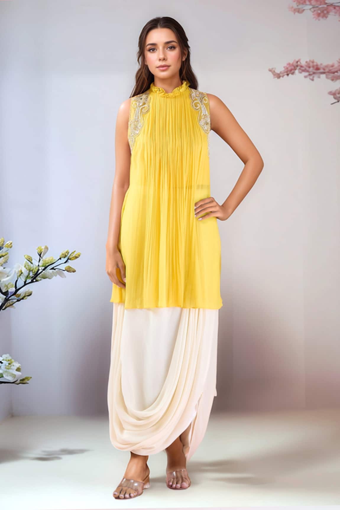 Samyukta Singhania Placement Hand Embroidered Tunic With Draped Skirt 