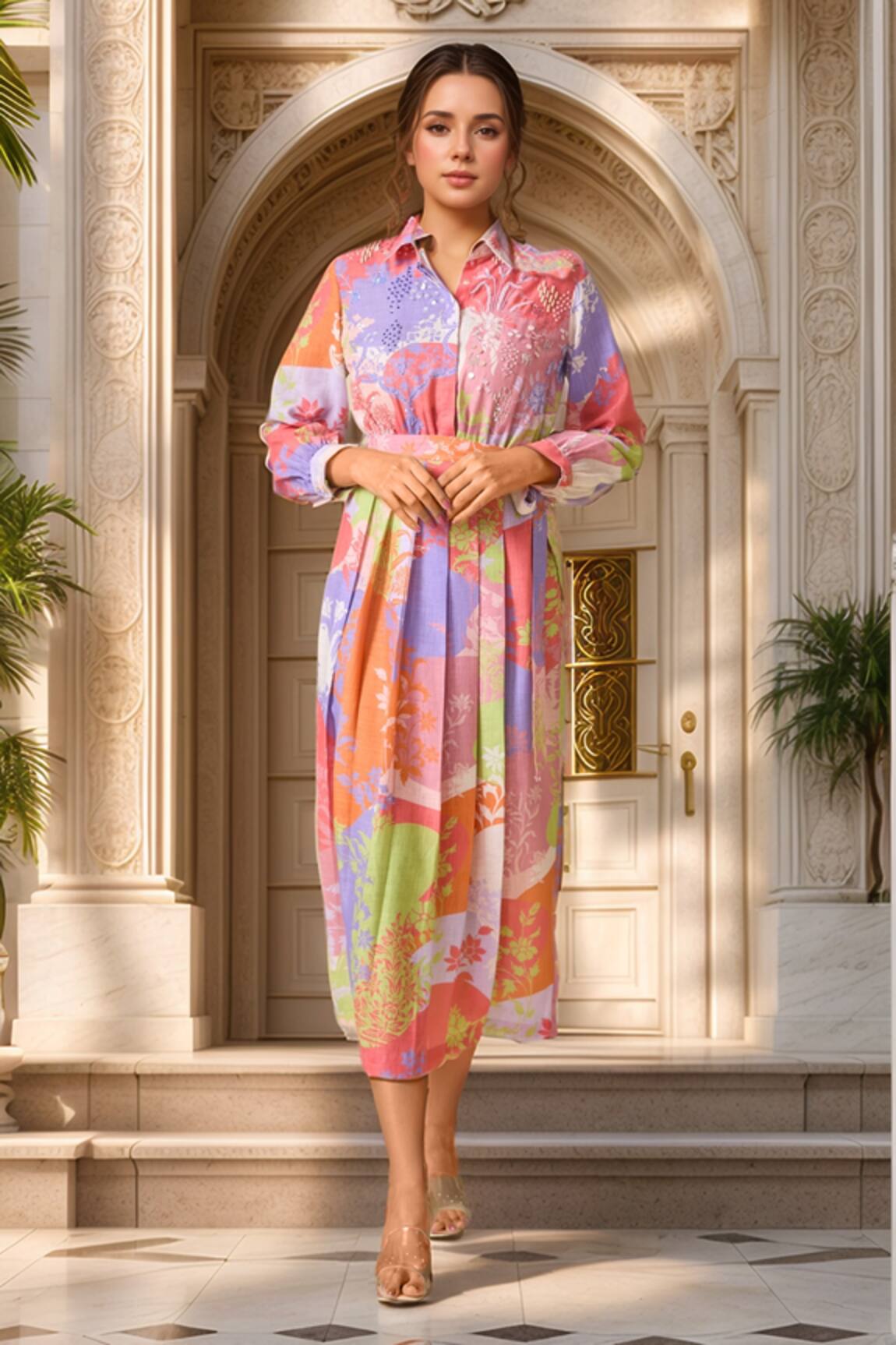 Pankaj & Nidhi Multi Color Floral Print Midi Dress