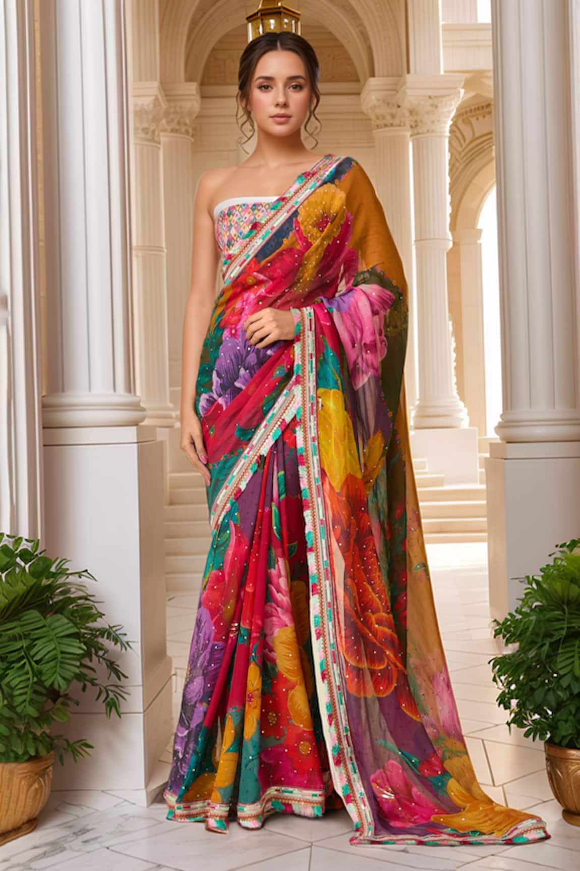 Torani Floral Blossom Print Saree & Blouse Set 