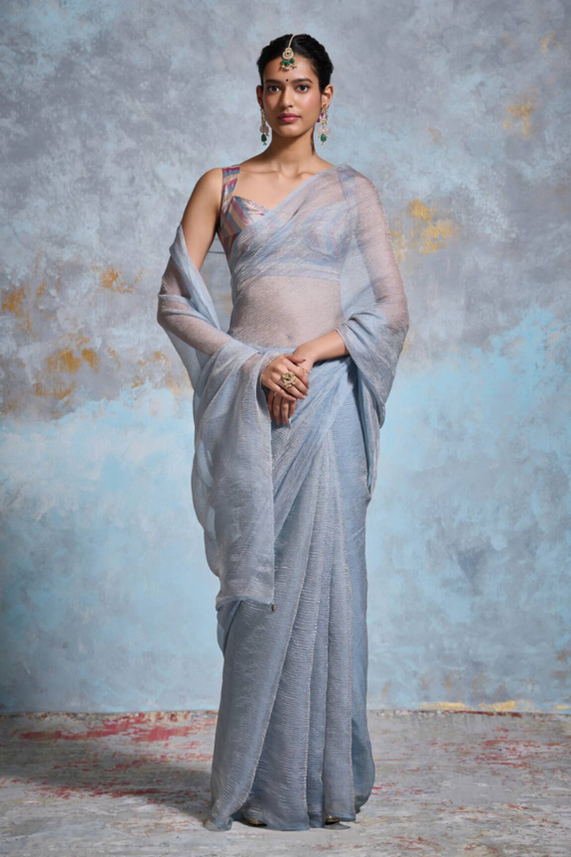 Dressfolk Blue Handloom Tissue Saree with Running Blouse