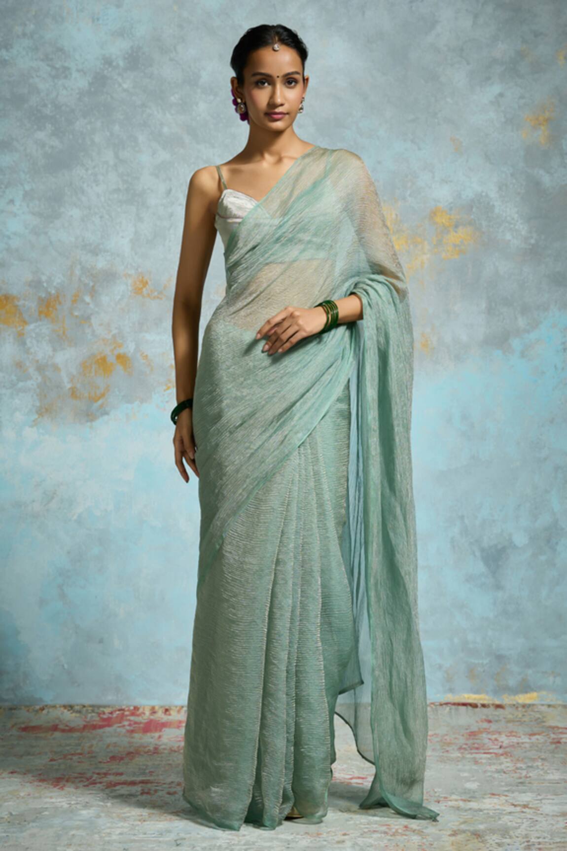 Dressfolk Aqua Crinkled Handloom Tissue Saree 