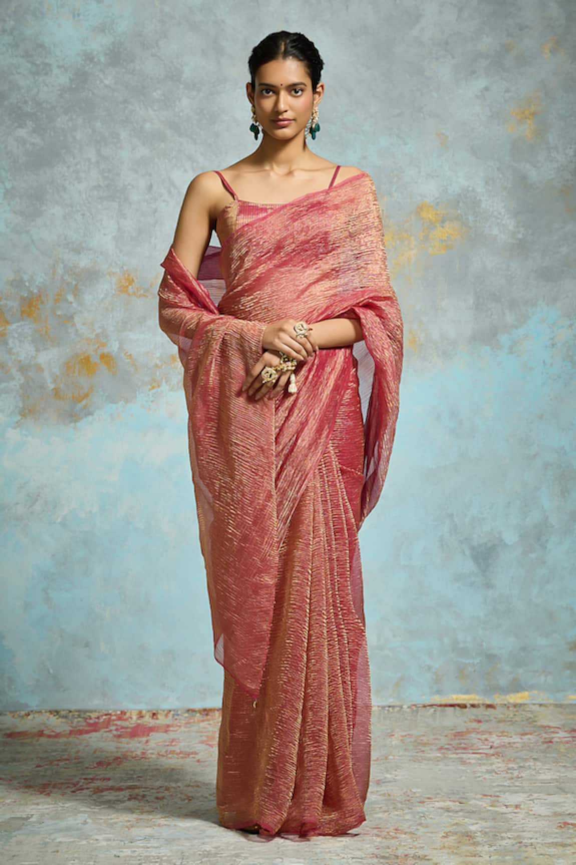 Dressfolk Textured Plain Handloom Tissue Saree with Running Blouse
