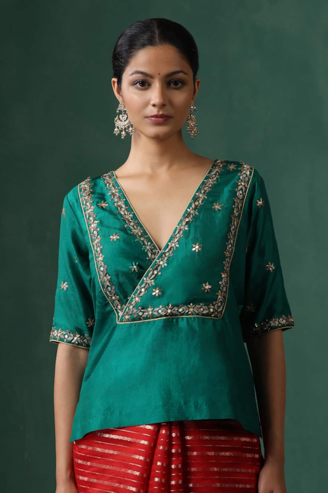 Weaver Story Green Embroidered Pure Silk Blouse 