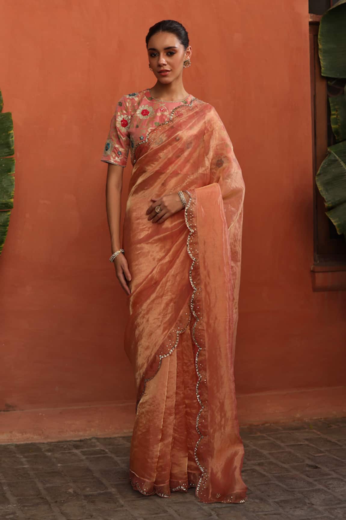 Begum Peach Sequin Embroidered Scallop Hem Saree