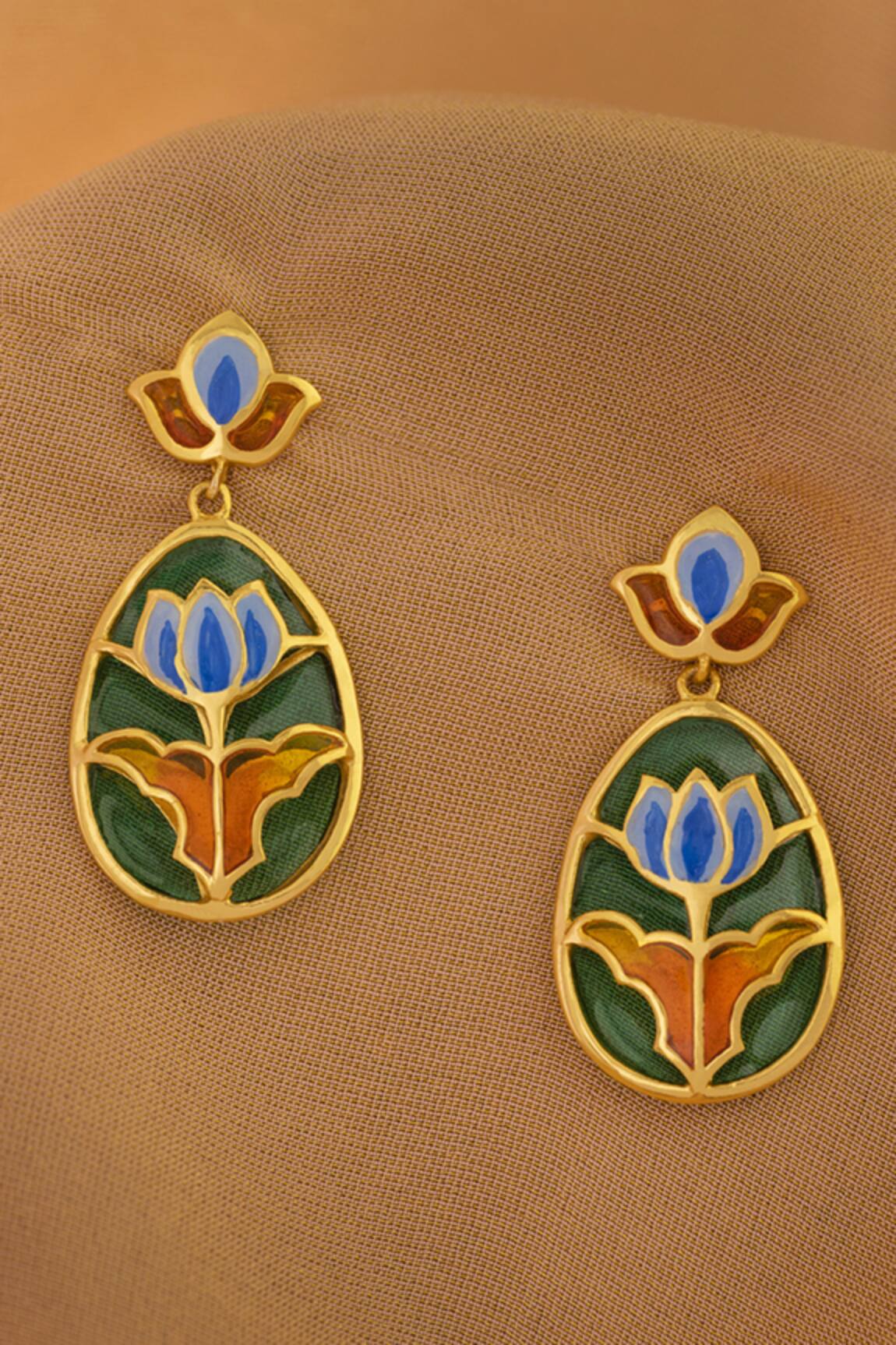 Manner Gold Plated Enamelled Jalaj Lotus Earrings