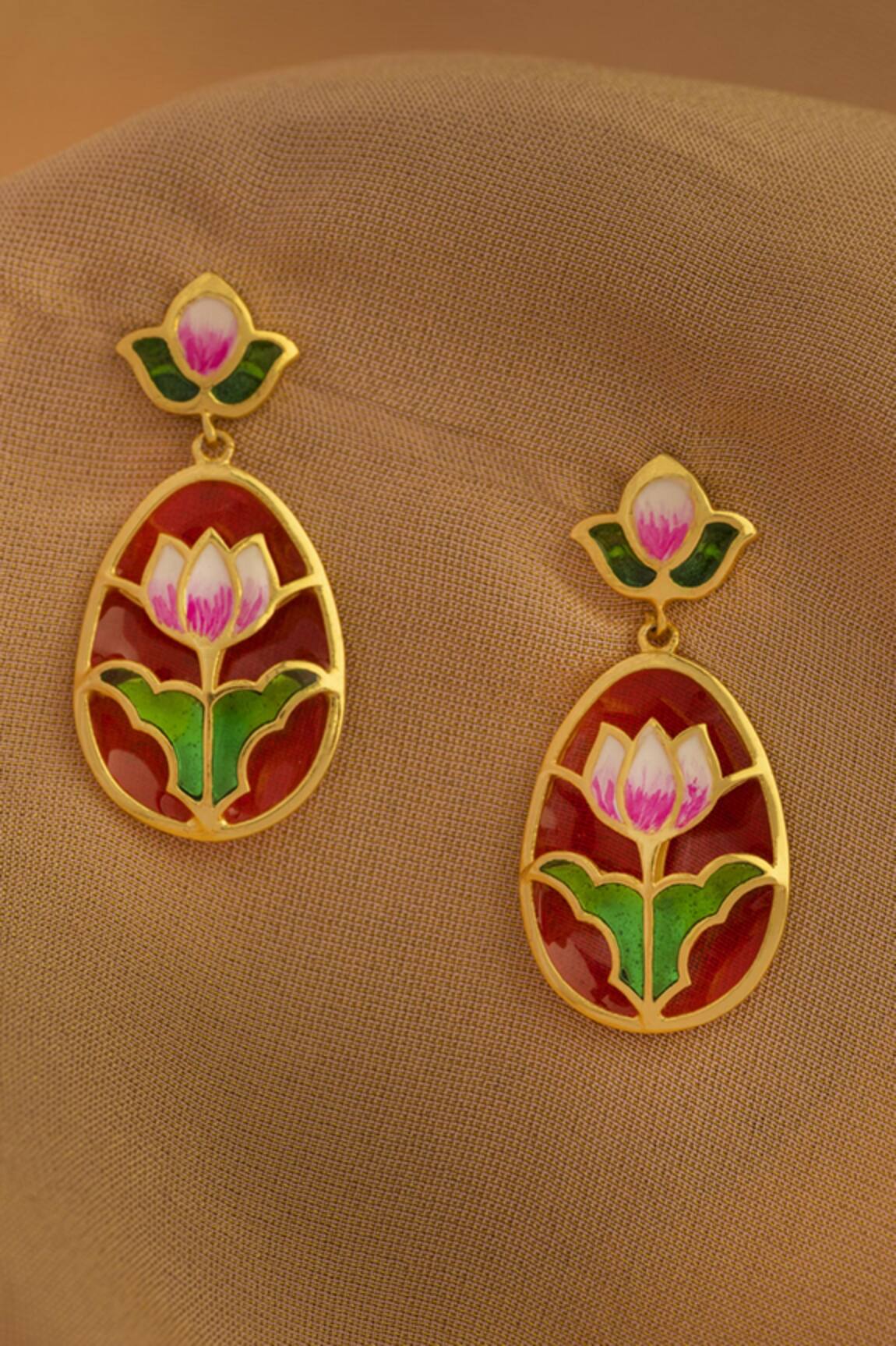 Manner Gold Plated Enamelled Lotus Earrings 