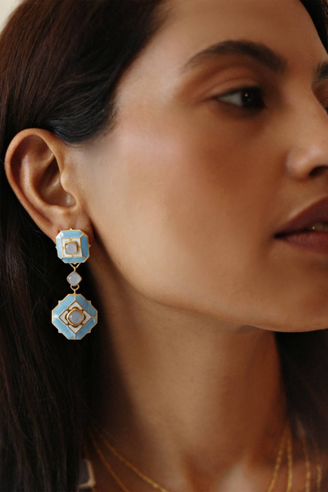 Manner Gold Plated Blue Calcedony Dangler Earrings 