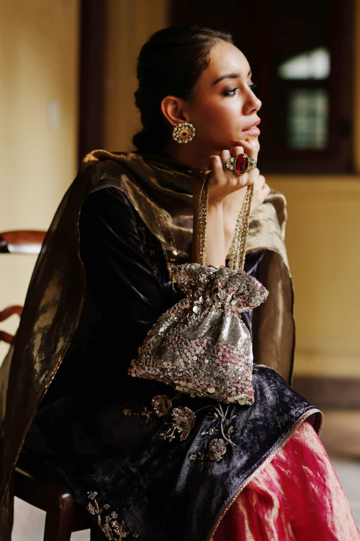 Begum Hand Embroidered Peach Potli Bag 