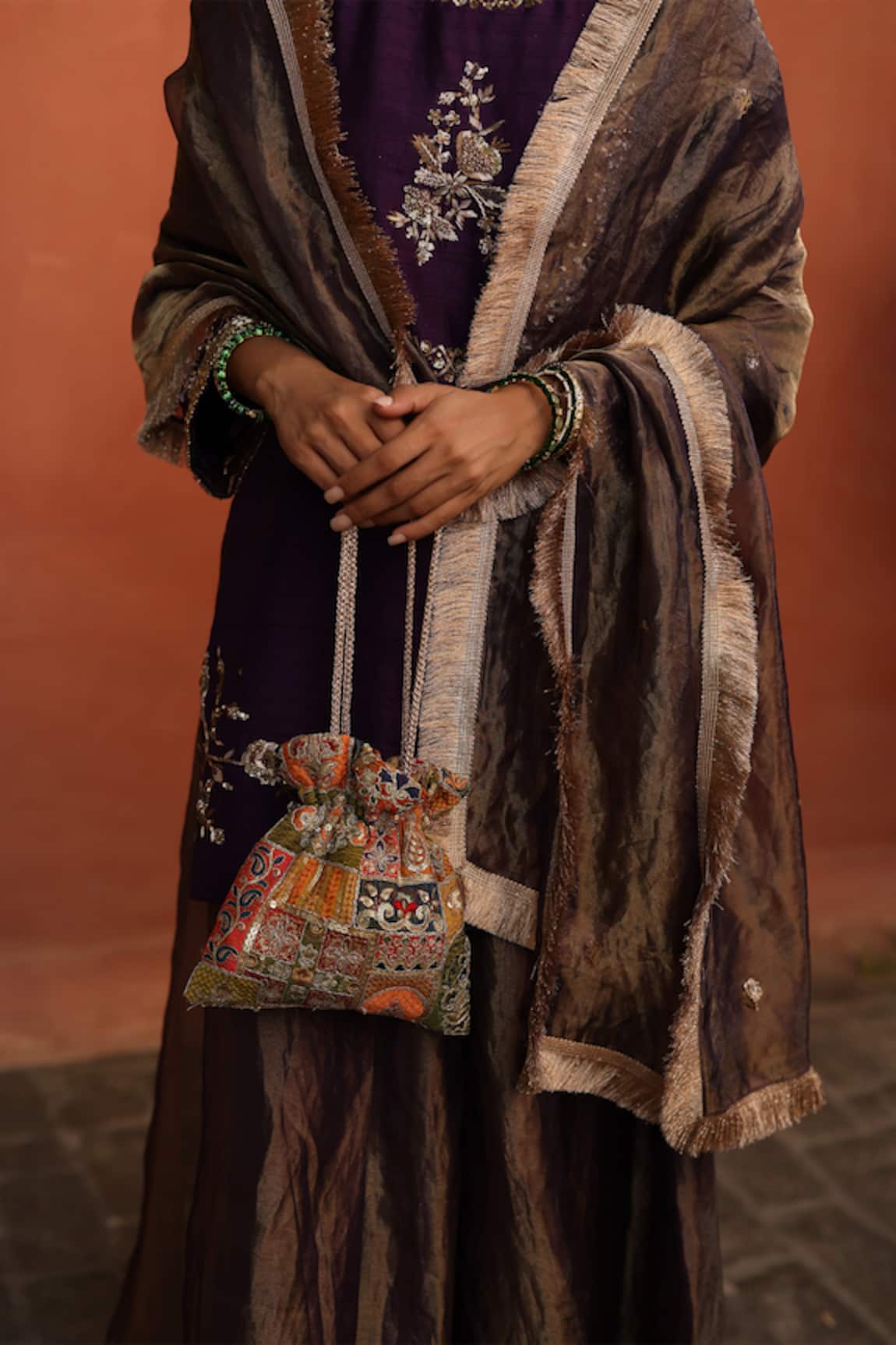 Begum Orange Floral Sequin Patchwork Potli Bag 