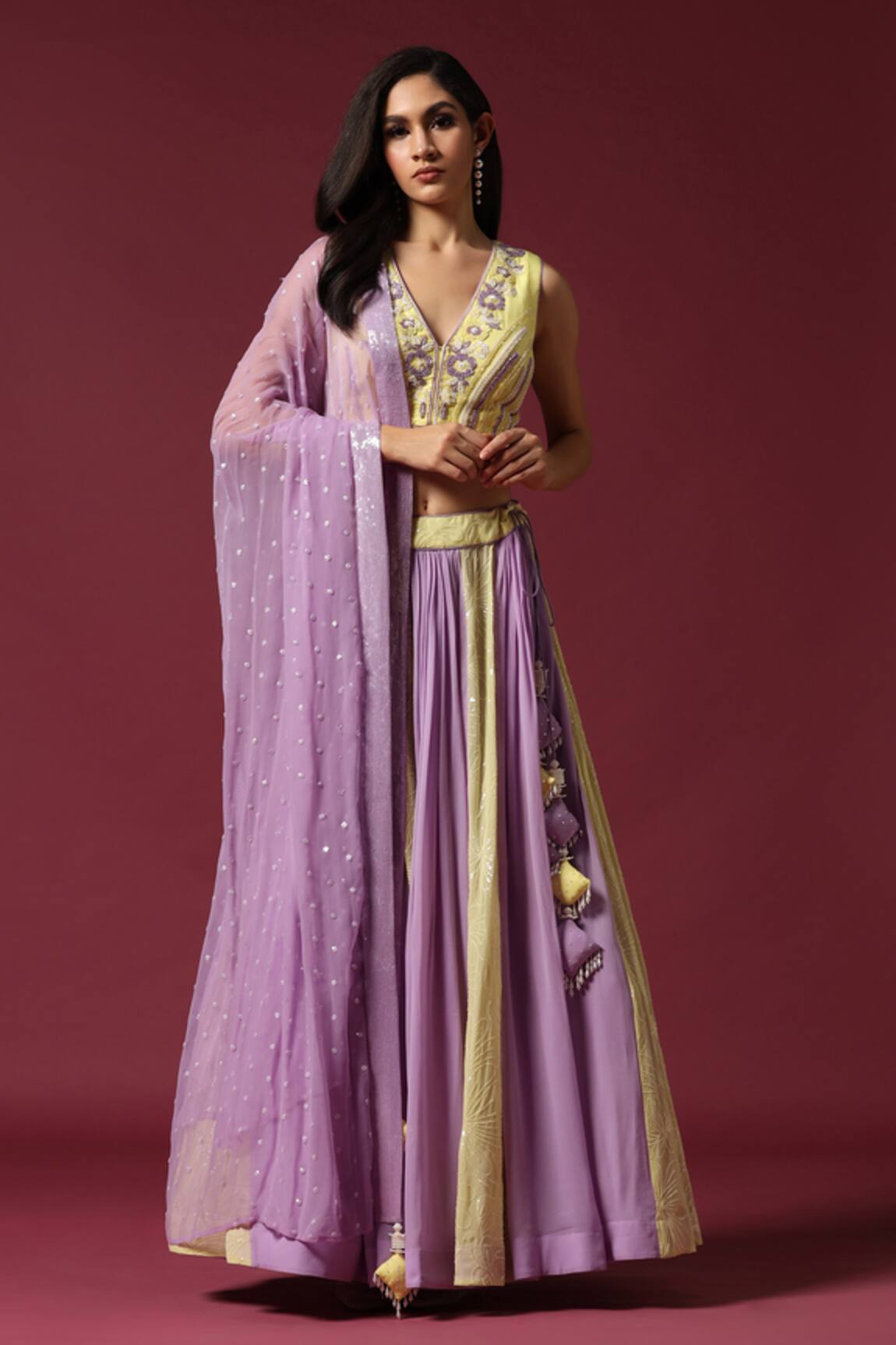 Two Sisters By Gyans Lilac & Lime Panelled Lehenga Set 