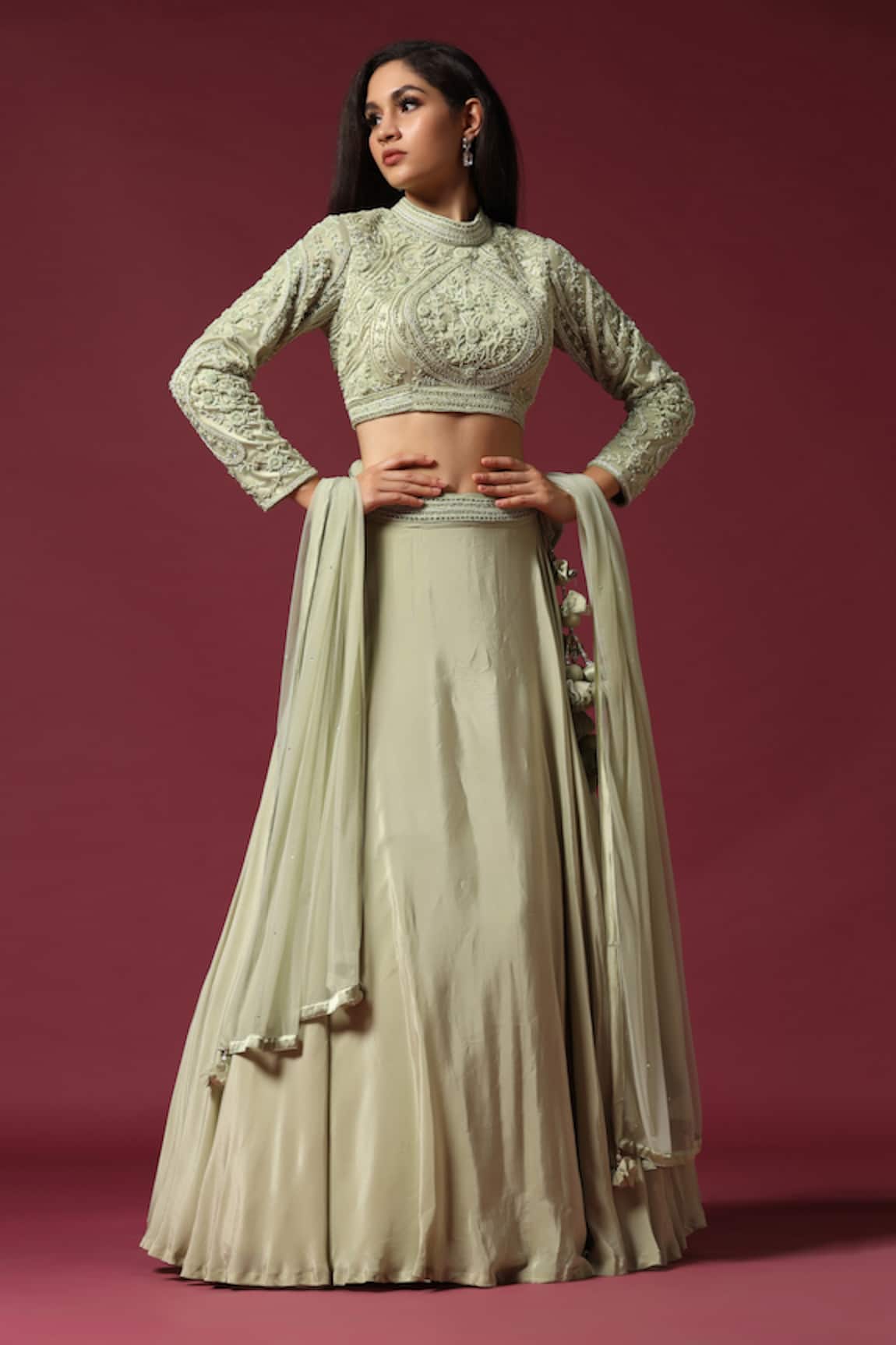 Two Sisters By Gyans Mint Pearl Embroidered Lehenga Set 