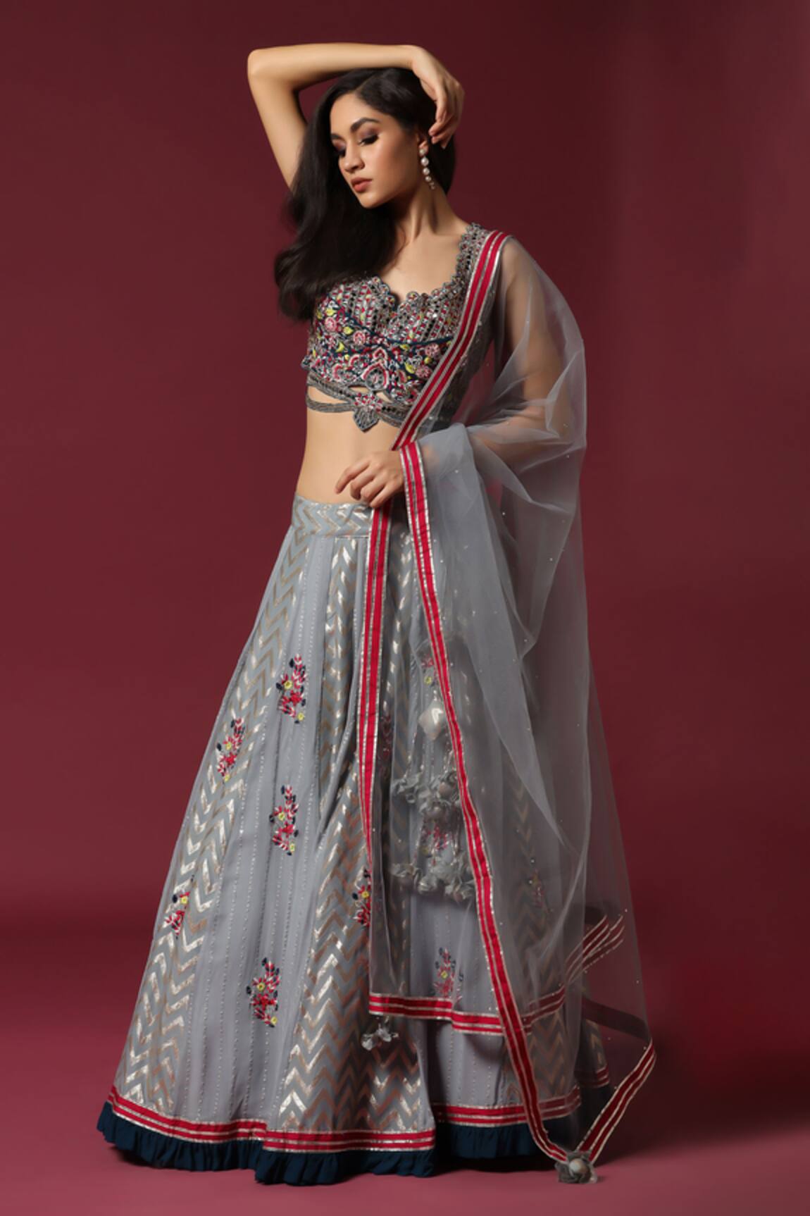 Two Sisters By Gyans Grey Chevron Embroidered Lehenga Set