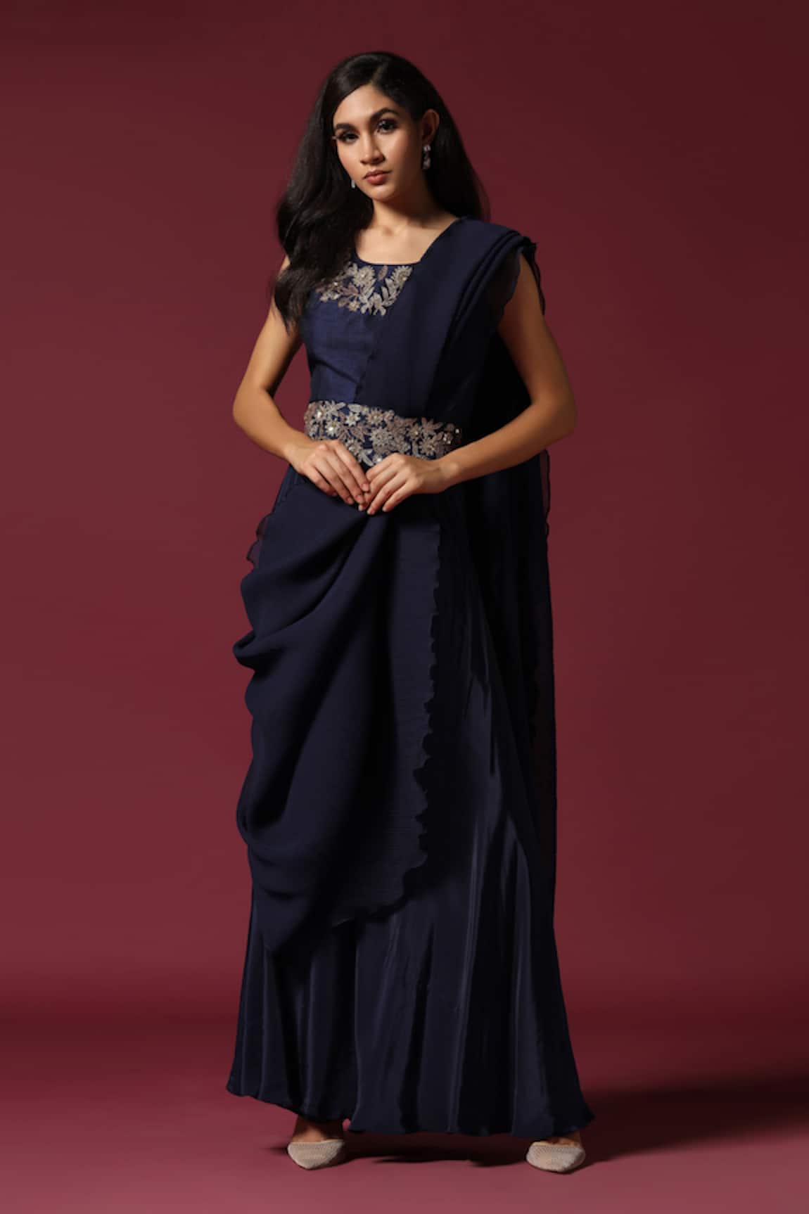 Two Sisters By Gyans Blue Pleated Pre-Draped Saree Set 