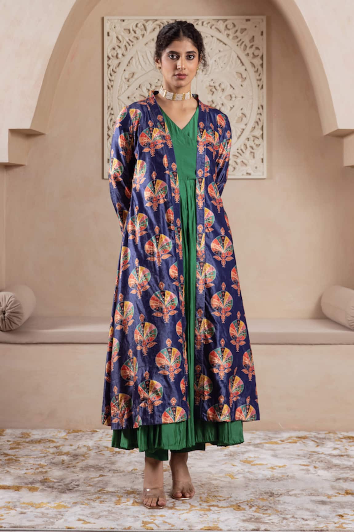 Rivaaj Clothing Floral Foil Printed Anarkali Set With Jacket