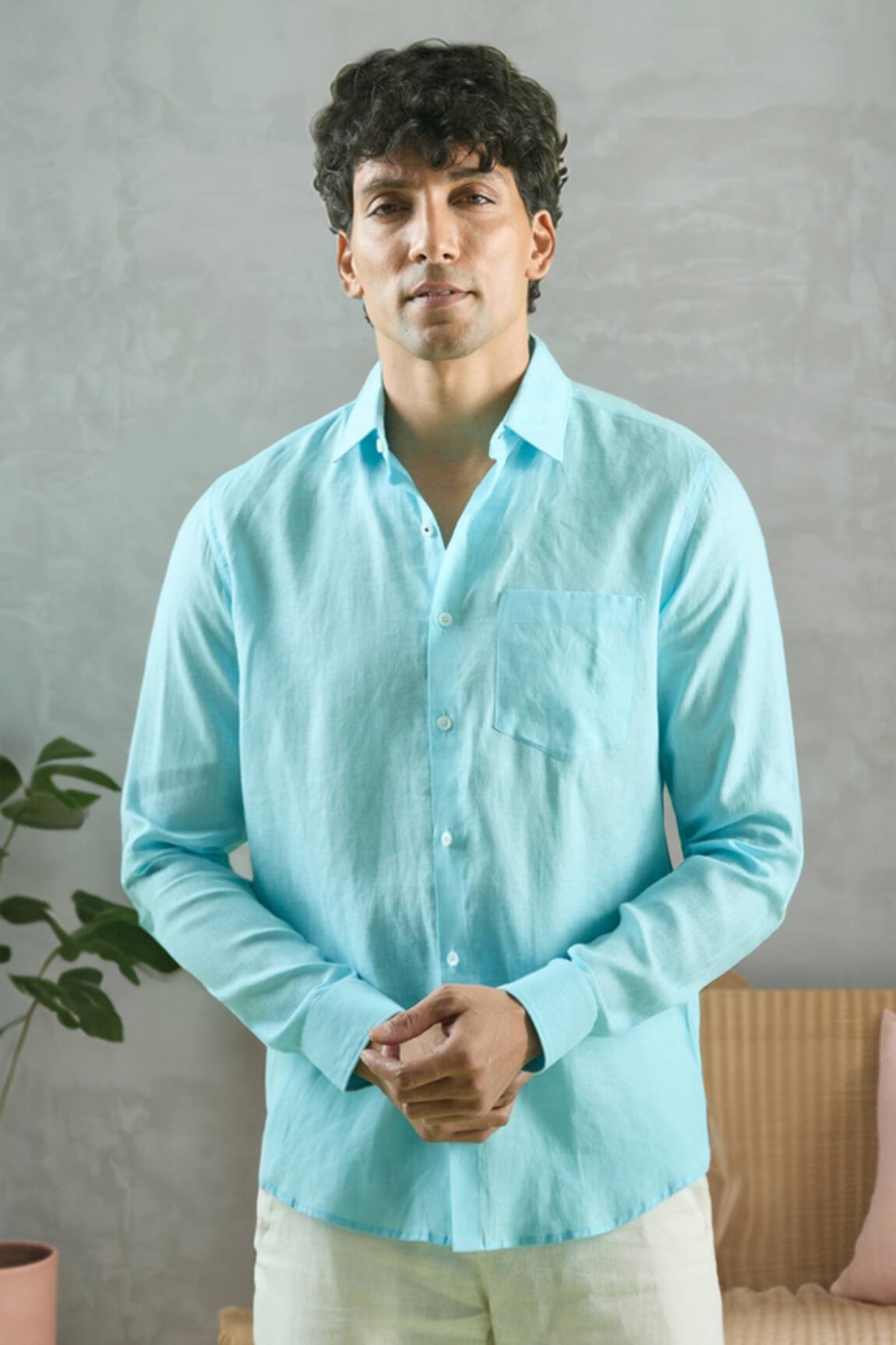 Aryavir Malhotra Collared Blue Linen Full Sleeve Shirt