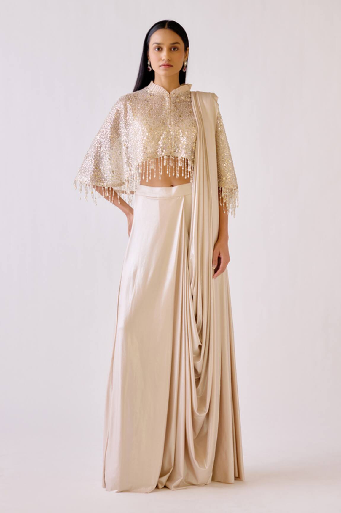 Basanti - Kapde Aur Koffee Gold Embroidered Pre-Draped Saree Set 
