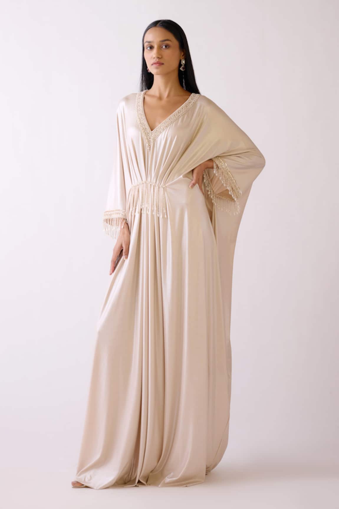 Basanti Kapde aur Koffee Champagne Gold Bead & Pearl Embroidered Kaftan 