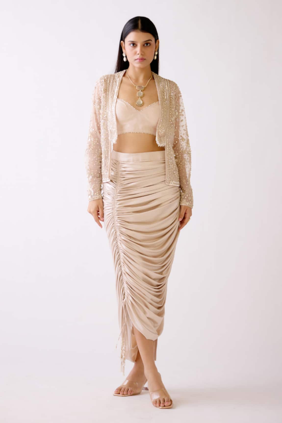 Basanti - Kapde Aur Koffee Gold Embroidered Jacket & Draped Skirt Set