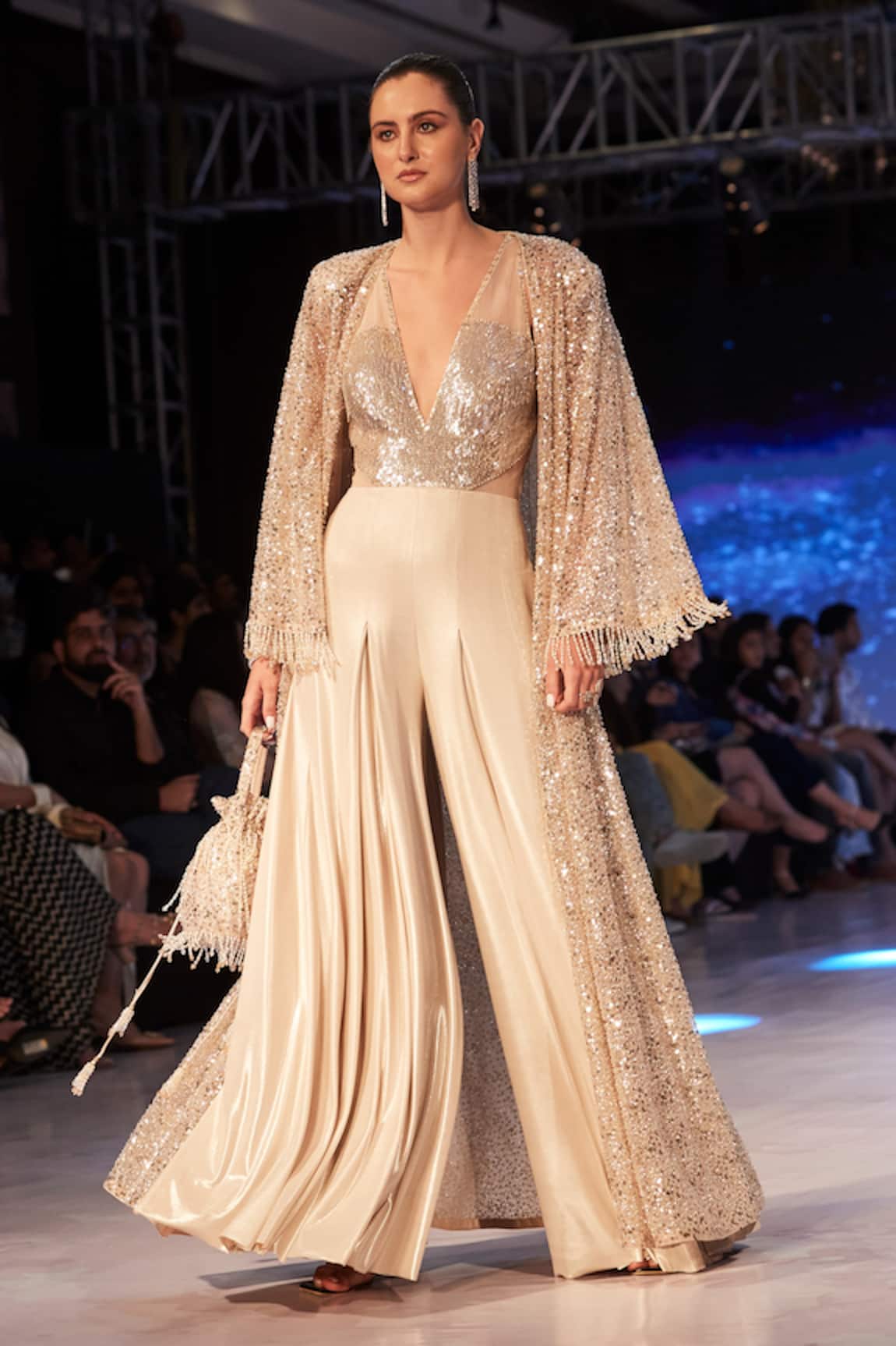 Basanti - Kapde Aur Koffee Gold Sequin Embellished Jumpsuit & Long Jacket 