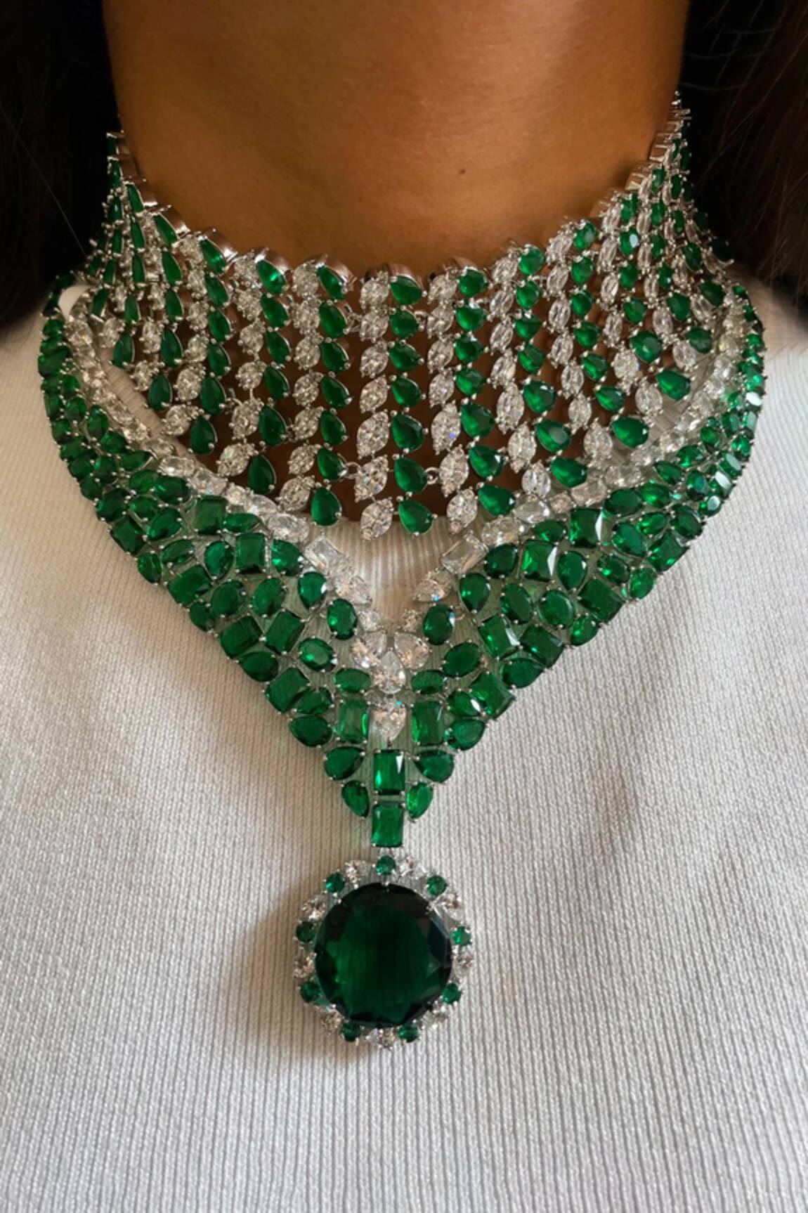 PRERTO Emerald & Faux Diamond Jewellery Set