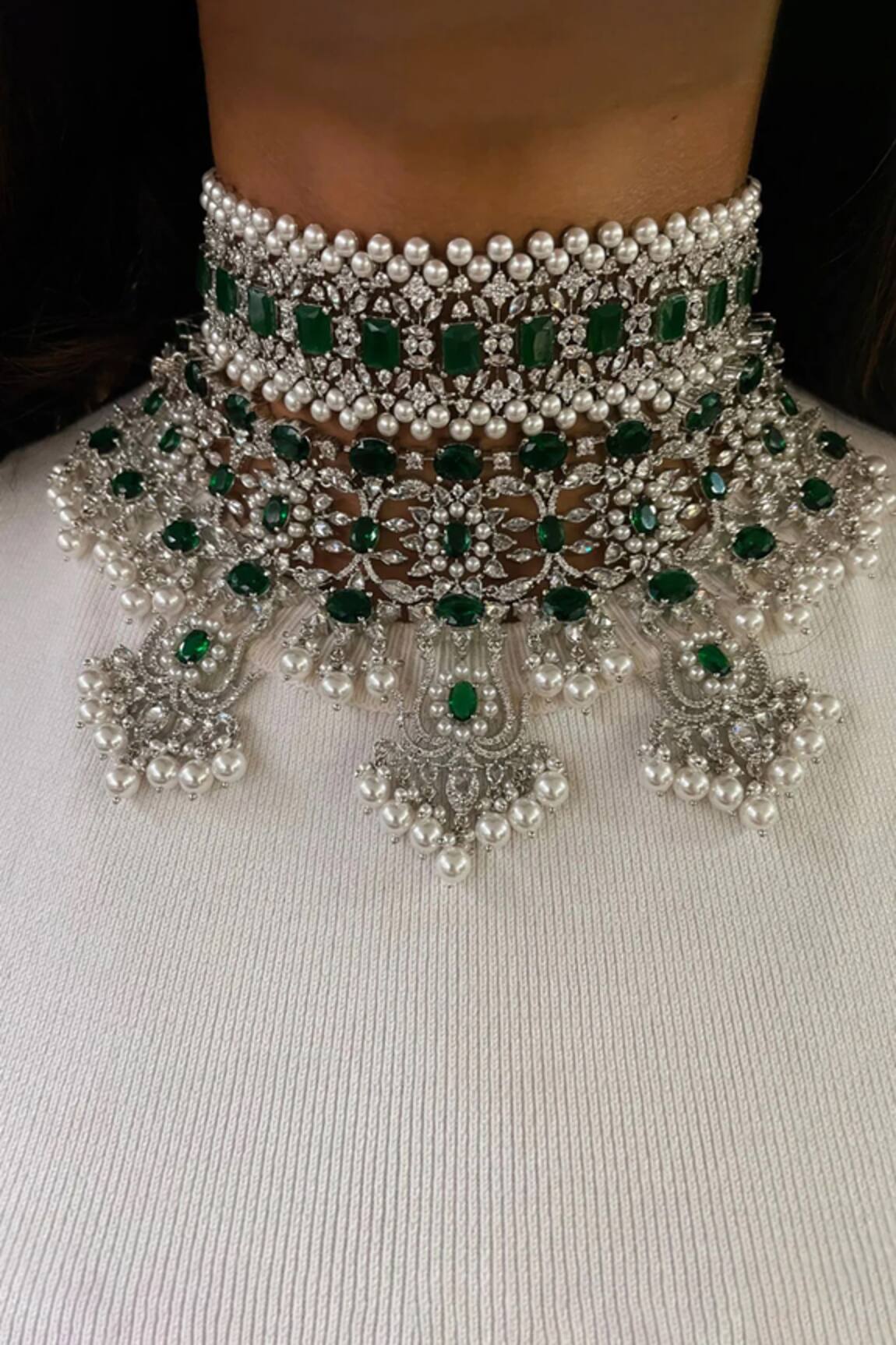 PRERTO Emerald & Faux Diamond Choker Set