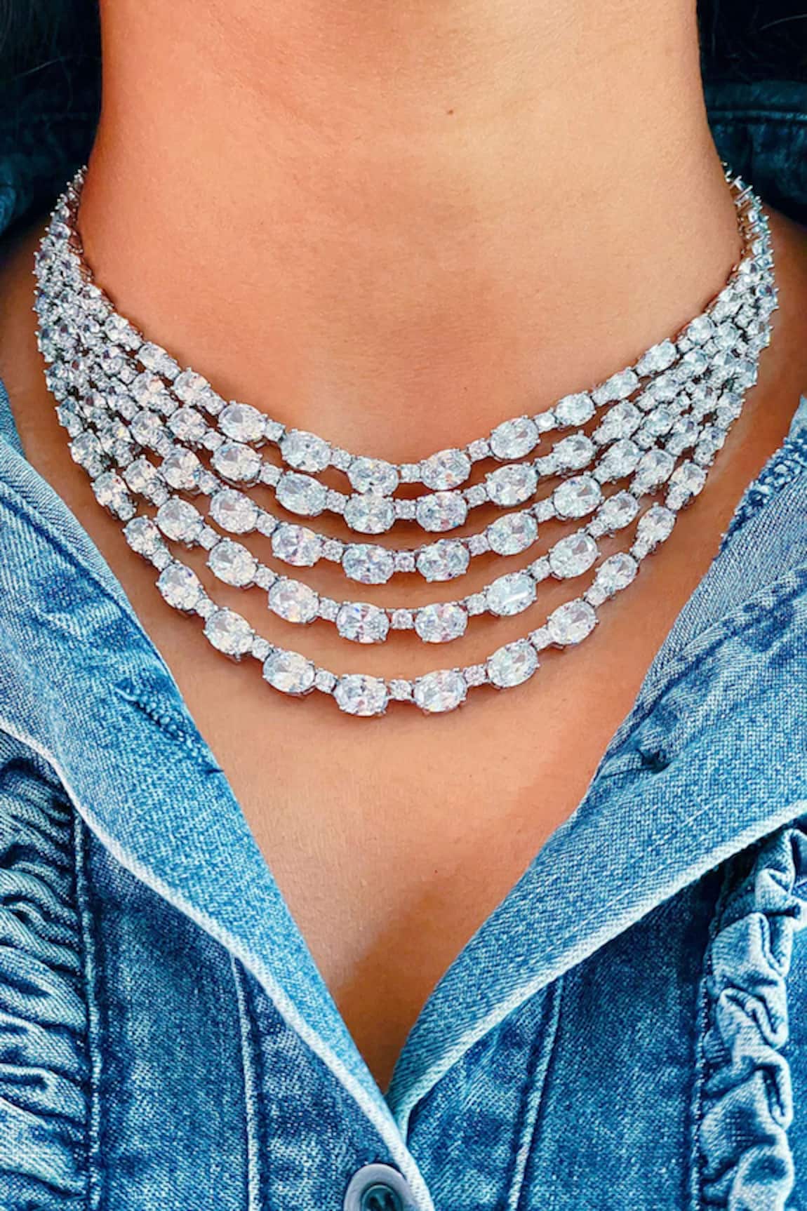 PRERTO Five Layered Faux Diamond Necklace Set
