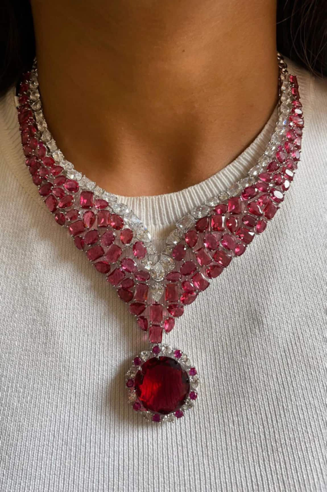 PRERTO Ruby & Faux Diamond Necklace Set