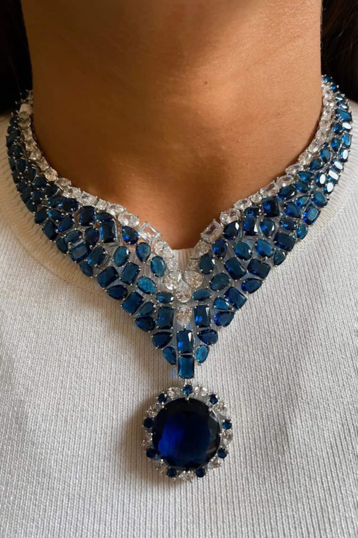 PRERTO Sapphire & Faux Diamond Necklace Set