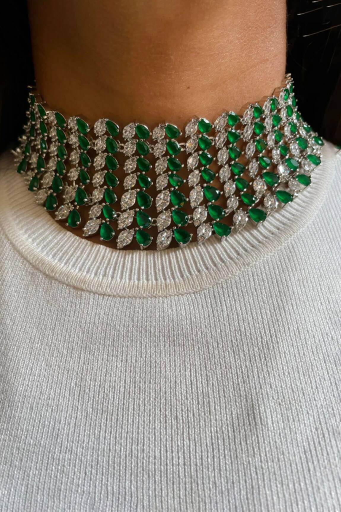PRERTO Faux Diamond Choker Set with Green Stones