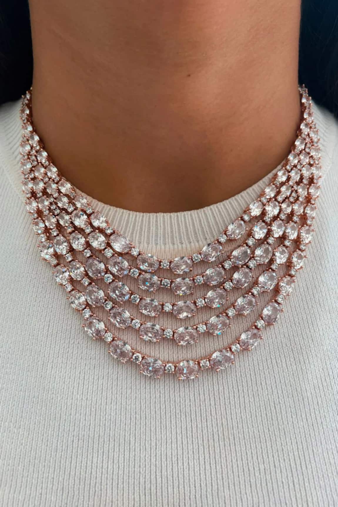 PRERTO Five Layered Faux Diamond Necklace Set