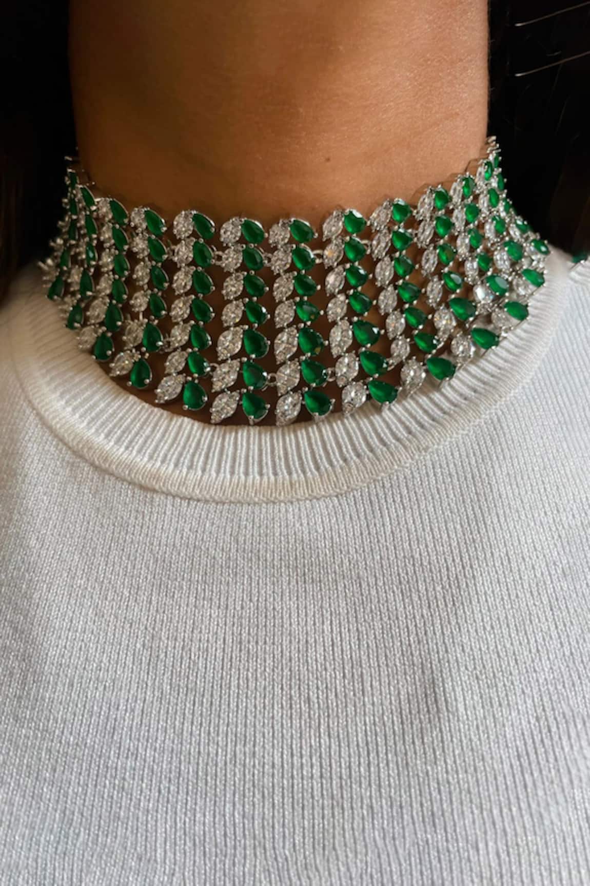 PRERTO Emerald & Faux Diamond Necklace Set