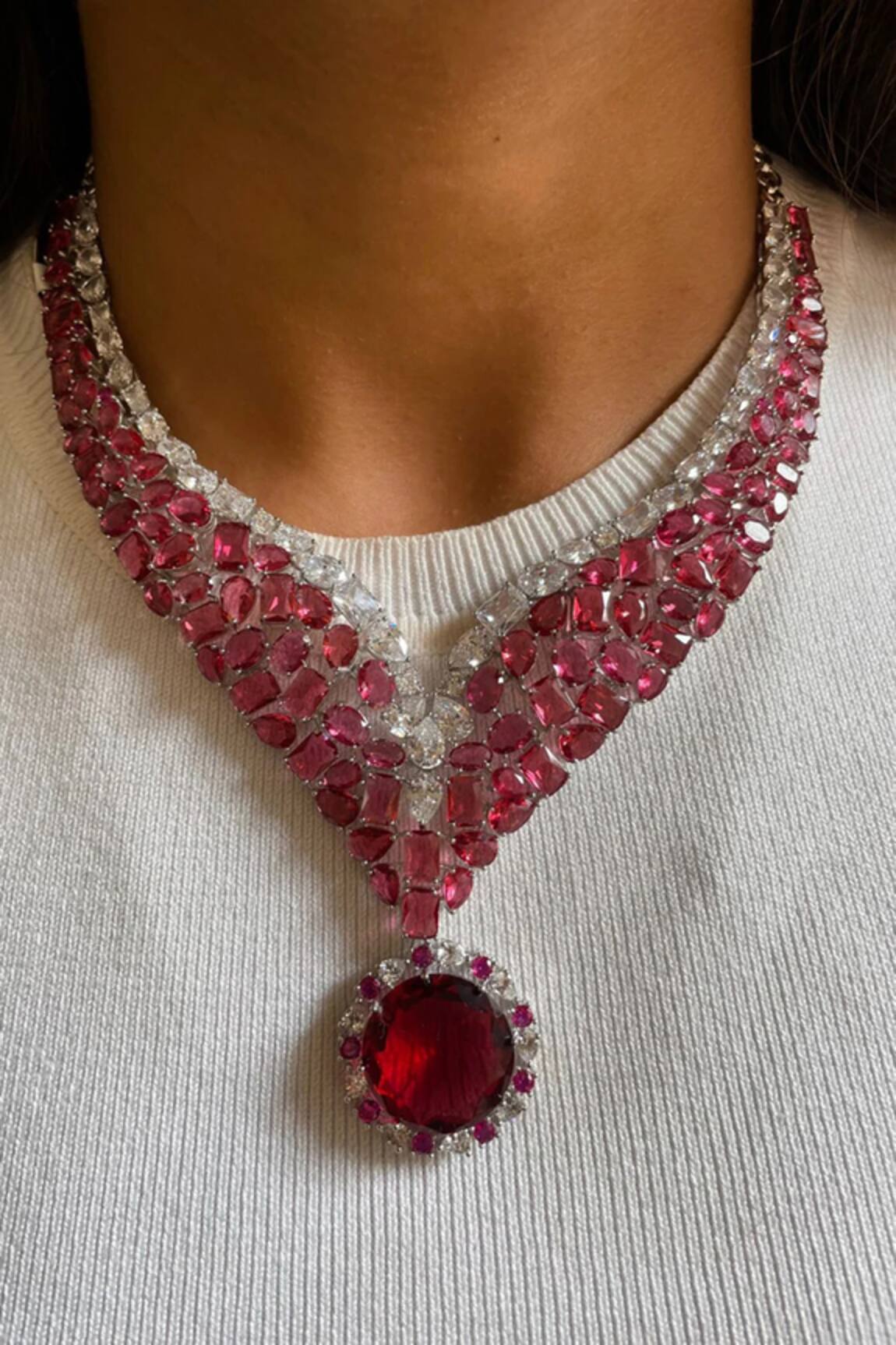PRERTO Ruby & Faux Diamond Necklace Set