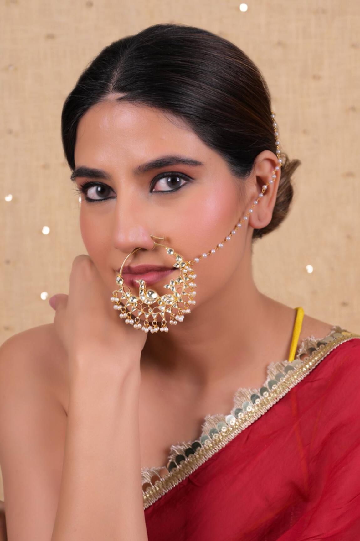 Shlok Jewels Kundan Pearl Nose Ring 