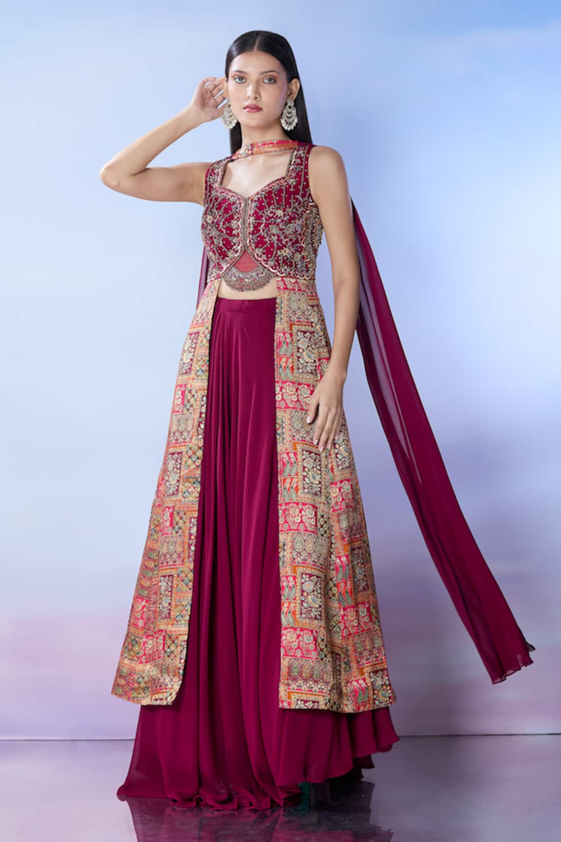 Samyukta Singhania Maroon Embroidered Lehenga Set 