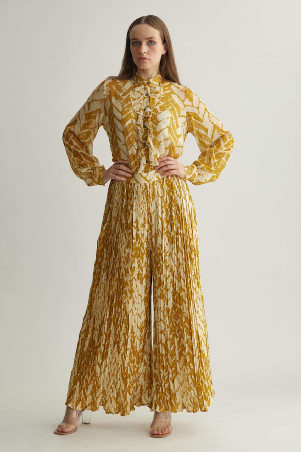 Koai Beige Chevron Print Flared Pant 