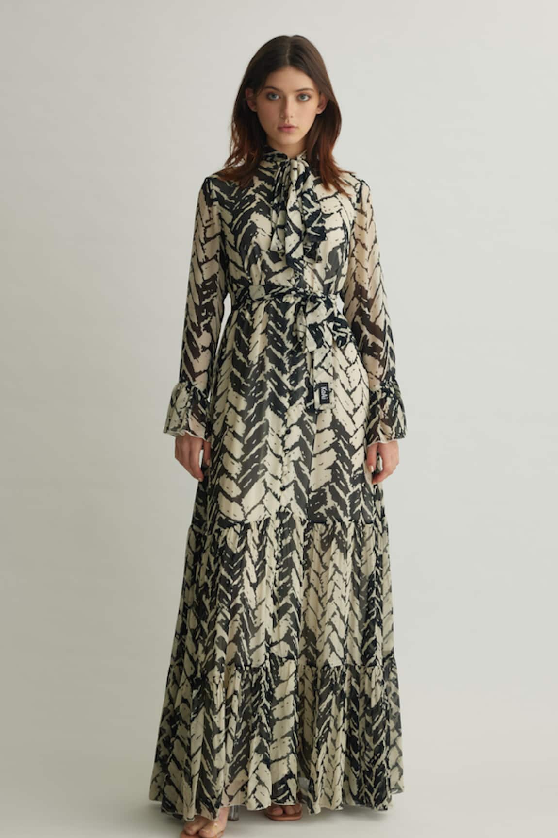 Koai Black Chevron Print Tiered Maxi Dress