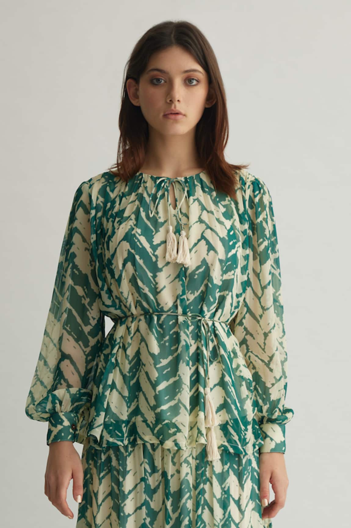 Koai Chevron Print Balloon Sleeve Top