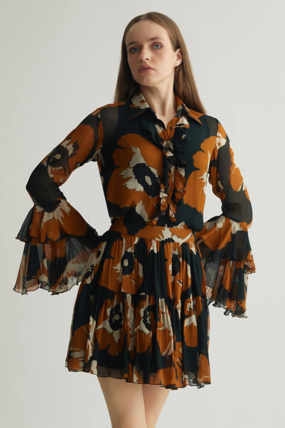 KoAi Black Floral Print Tiered Skirt 