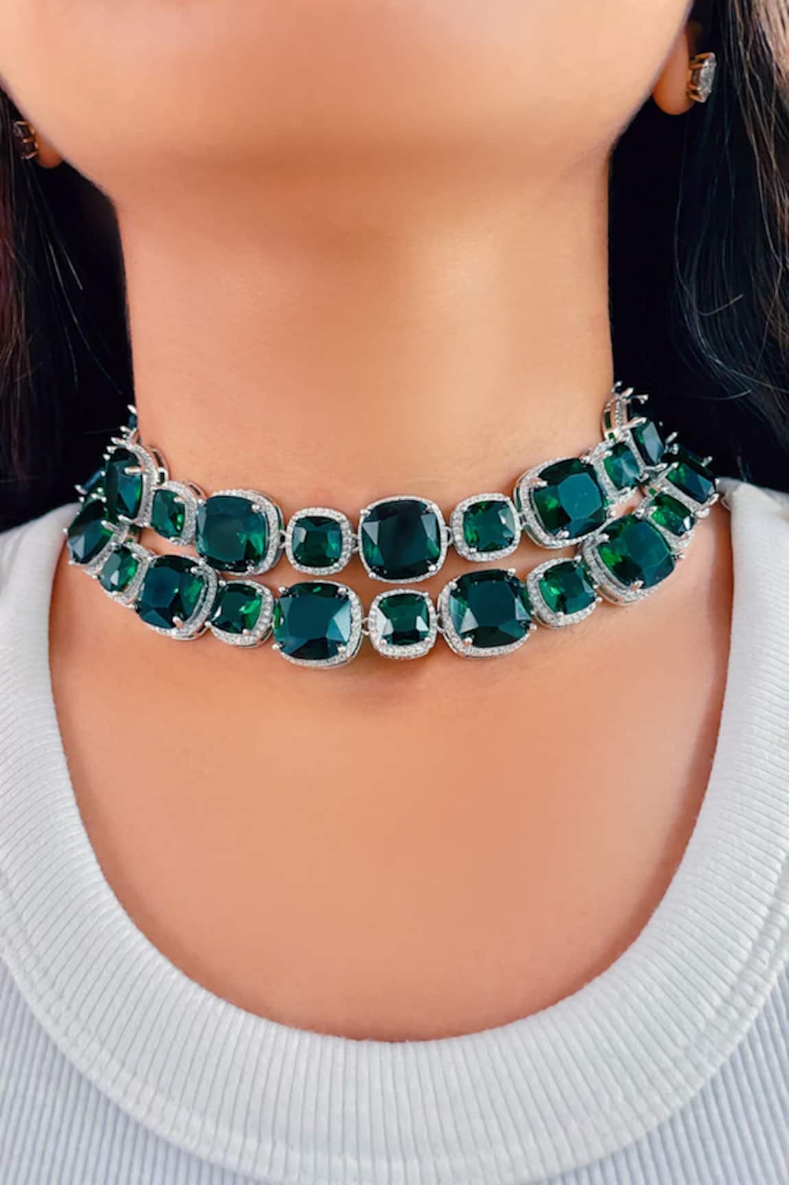 PRERTO Emerald Stone & Faux Diamonds Jewellery Set