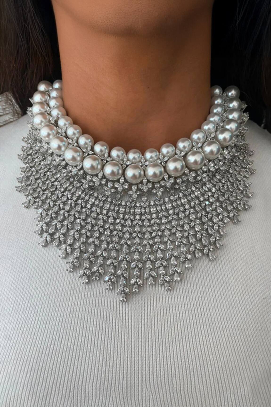 PRERTO Floral Cluster Pearl & Faux Diamond Jewellery Set